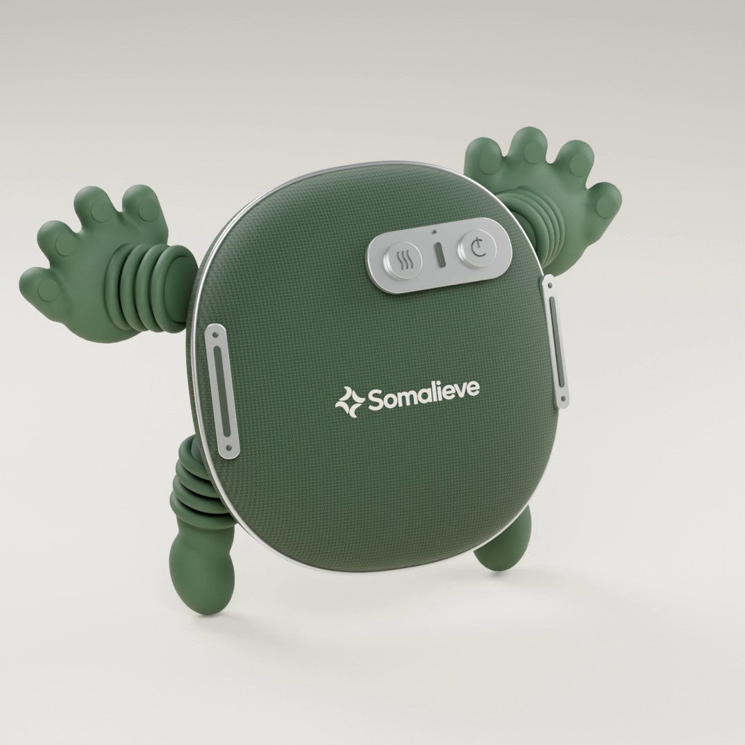 Animated illustration of the Somalieve massager's silicone hands gripping and kneading