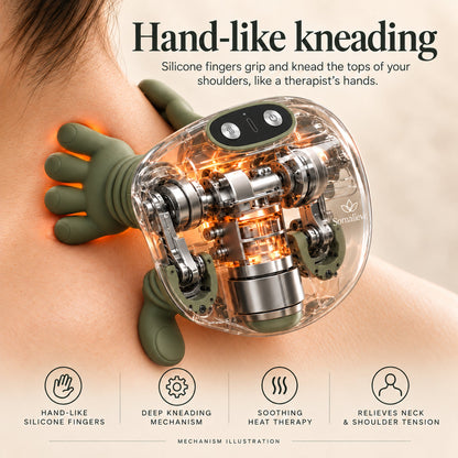 Hand-like kneading: silicone fingers grip and knead the tops of your shoulders