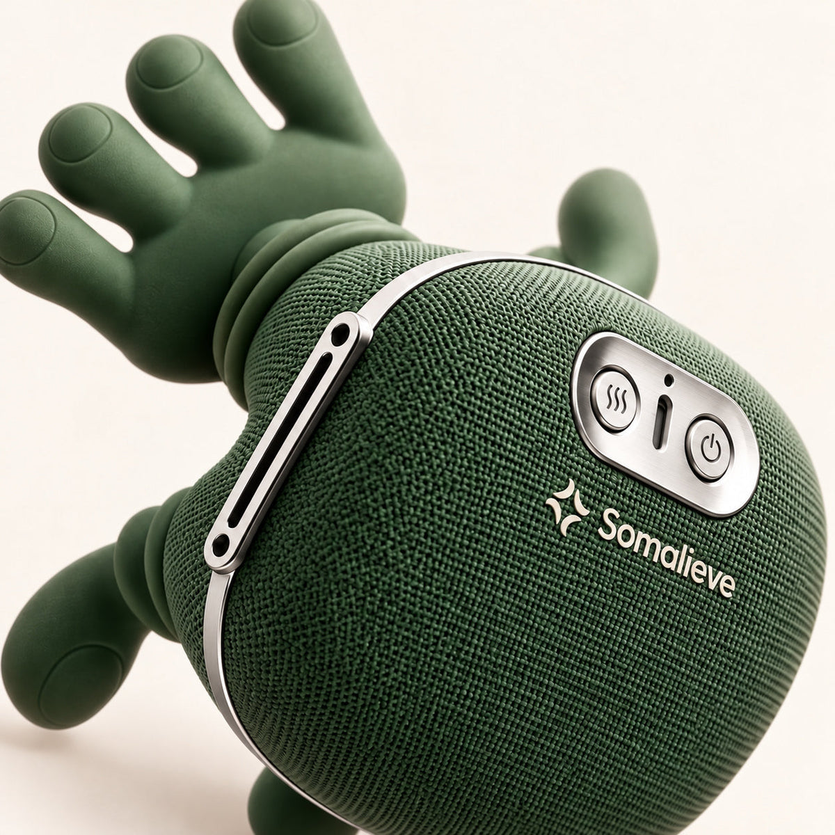 Close-up of the woven fabric, control buttons and silicone hand